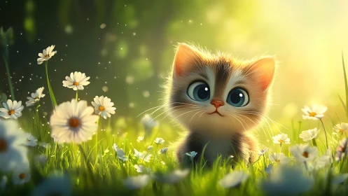 Kitten in Daisy Meadow with Glowing Light Effects.