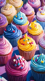 Vibrant Cupcake Array with Swirled Frosting and Colorful Toppings.