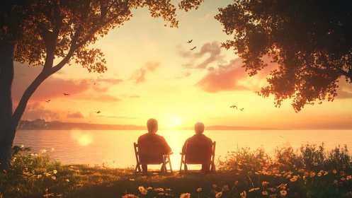 Two seated figures observing sunset over calm lakeside horizon.