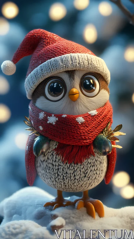Small winter bird in red knit hat and scarf on snow.