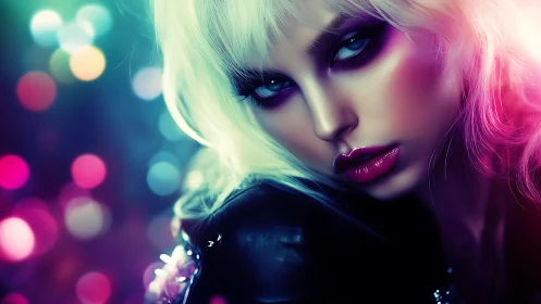 Neon portrait of woman with intense makeup at night club.