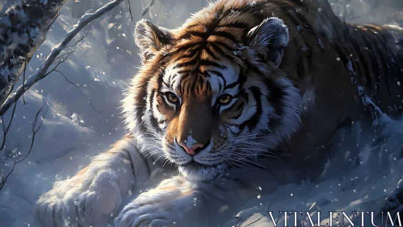 Snowlit tiger prowls through silver winter hush of night.