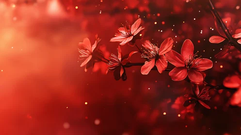 Scarlet cherry blossoms on branch with glowing bokeh haze.