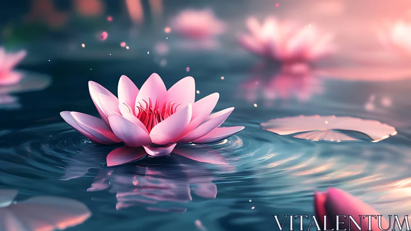 Luminous pink water lily drifts calmly across rippling water.