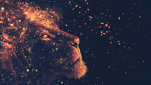 Starlit lion gazes into a glowing night sky of sparks