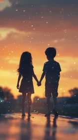 Two Children Hold Hands Under a Magical Golden Sunset