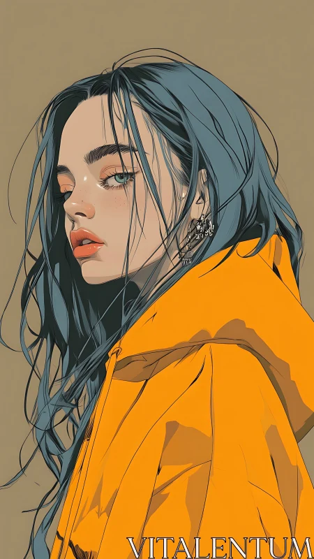 Moody portrait highlights teal hair, bold amber hoodie.