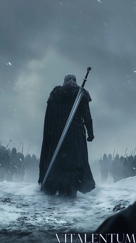 Solitary warrior stands before army in frozen battlefield.