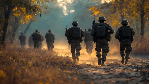 Dusty forest trail swallows marching soldiers in molten light