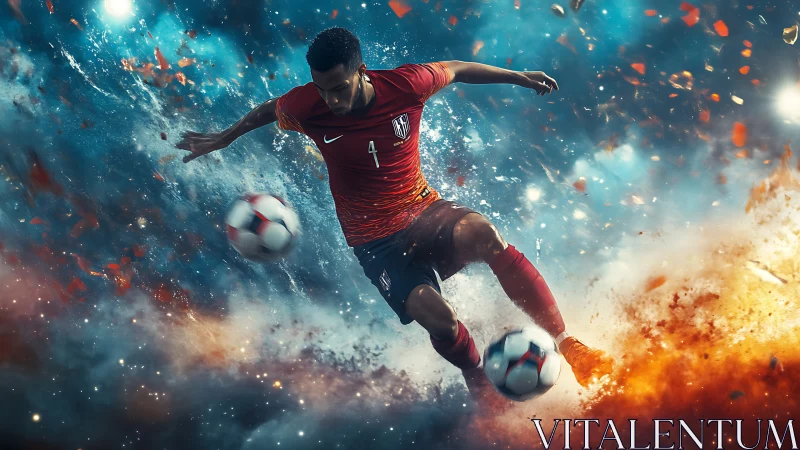 Soccer player explodes through cosmic field of light and color