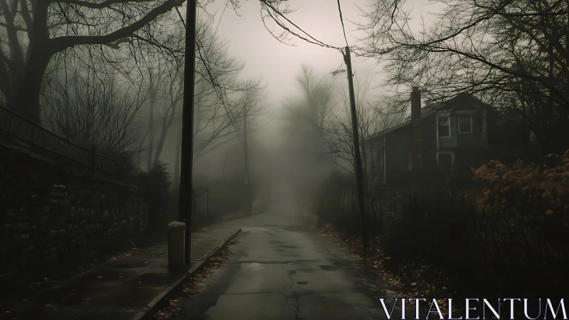 Fog-soaked neighborhood lane whispering into the unknown.