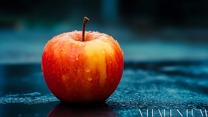 Red-yellow apple with water droplets on reflective surface.