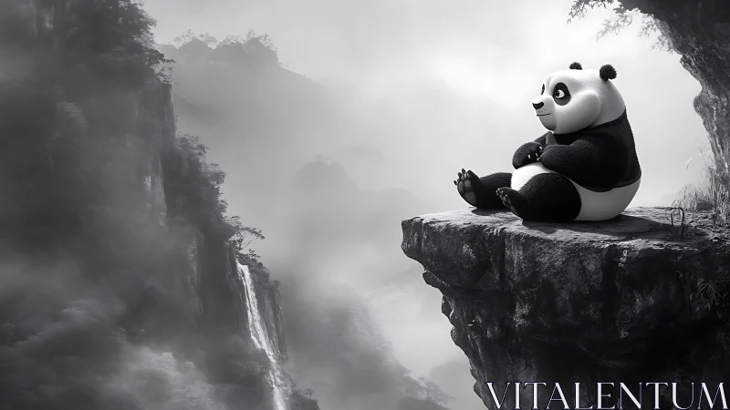 Peaceful panda enjoying quiet time above misty cliffs.
