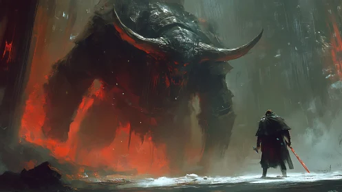 Stormlit warrior facing a towering fiery horned titan.