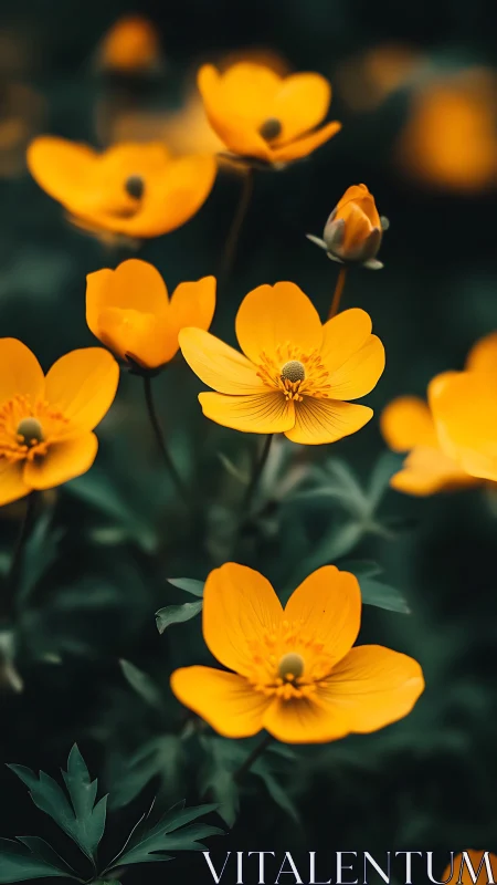 Yellow buttercup flowers with dark background and selective focus depth.