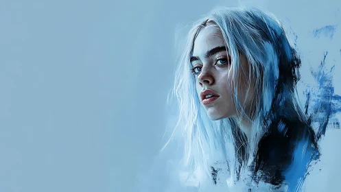 Digital portrait of young woman with blue-toned hair.