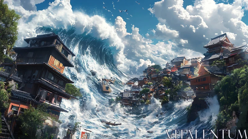 Colossal tsunami engulfing tiered coastal Japanese townscape.