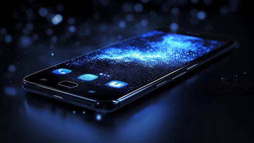 Smartphone display glows with luminous blue galaxy pattern.