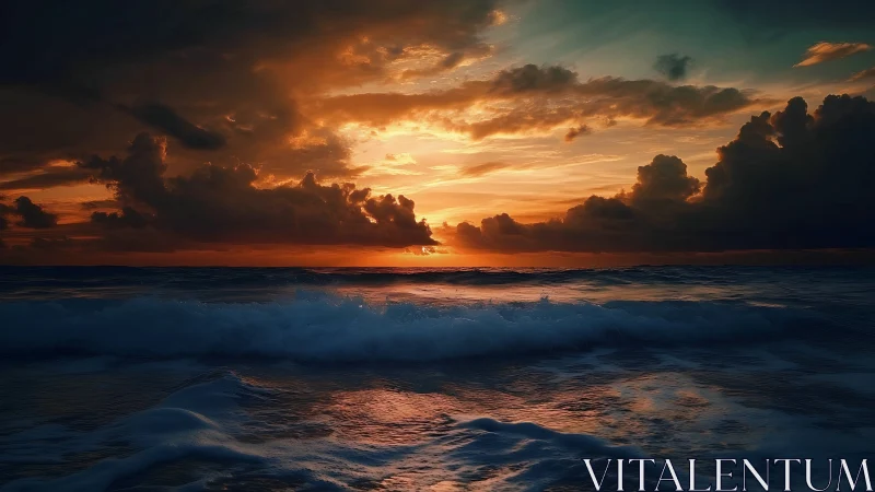 Clouded ocean horizon under low sun with active surf zone.