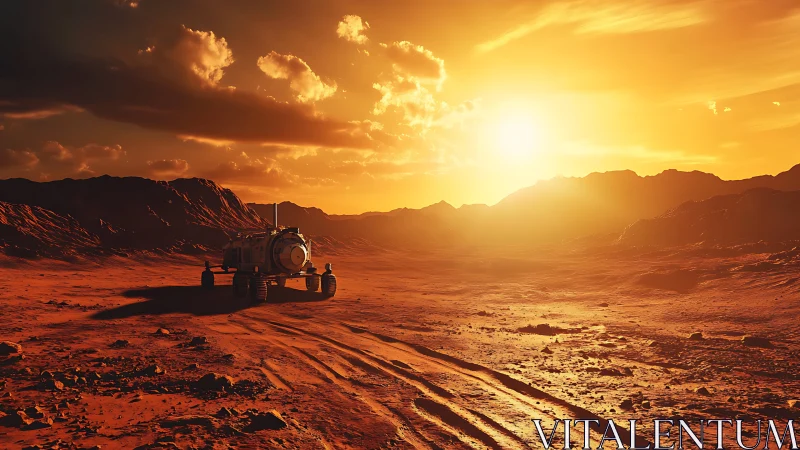 Mars rover pauses beneath blazing golden alien sunset.