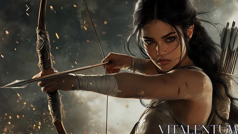 Fierce archer takes aim in a storm of light and embers.