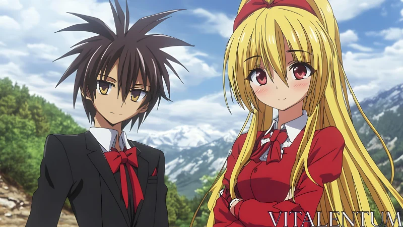 Mountain breeze courtship with crimson ribbons and quiet smiles.