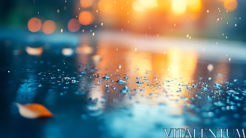 Rain droplets shimmer on pavement under warm city bokeh.
