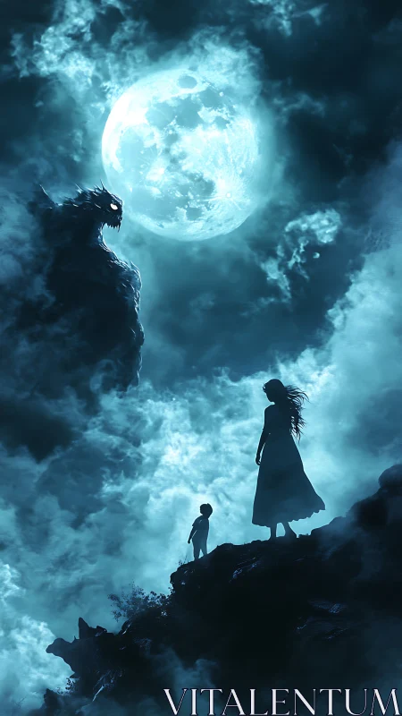 Backlit silhouettes confront cloud-shrouded lunar monster in mist