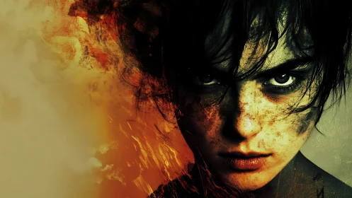 Intense freckled face merging with abstract fiery textures.