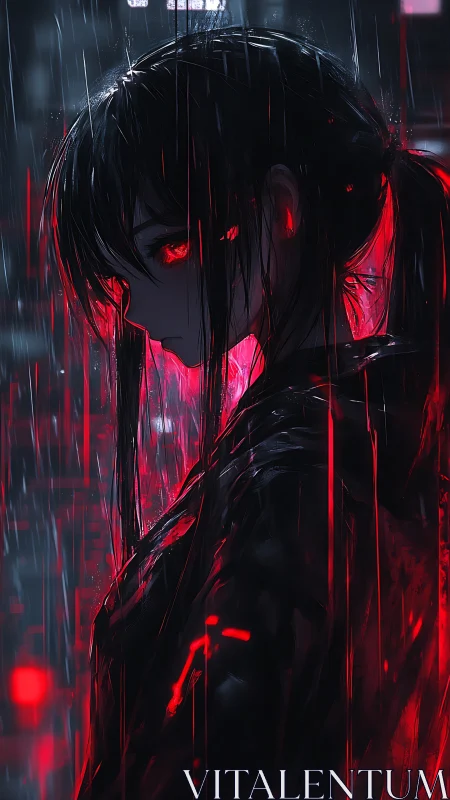 Dark anime girl in red neon rain, dramatic side profile.