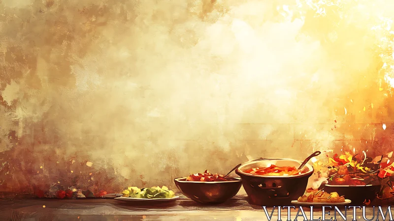 Warm-toned food still life with metal bowls on table surface.