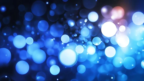 Abstract glowing blue bokeh lights on dark background, digital art.