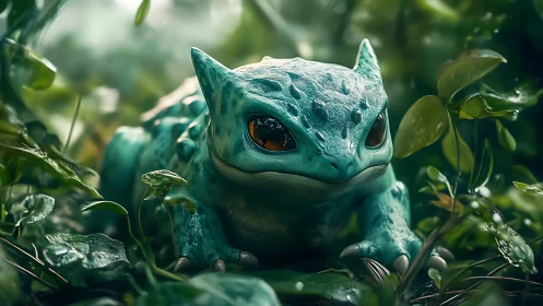 Small turquoise reptile crouches in glossy jungle undergrowth