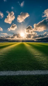 Sunlit football stadium field glows under dramatic clouds.