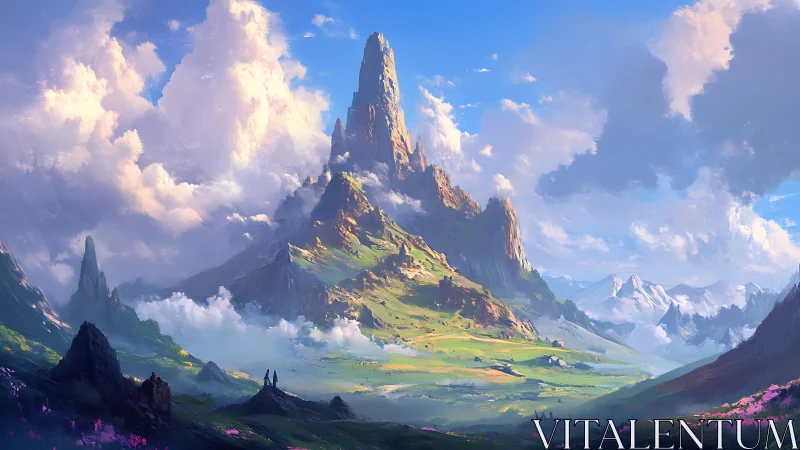 Sunlit fantasy peaks rise over a lush, dreamlike valley