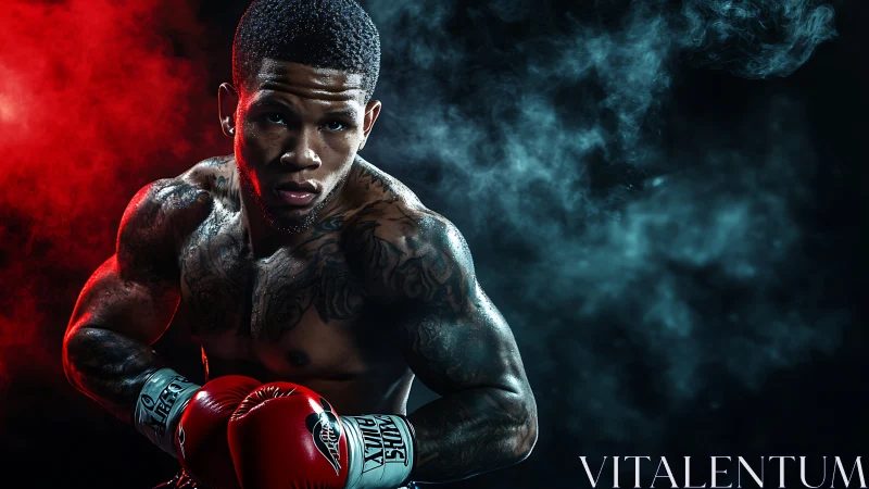 Champion Rising: Tattooed Pugilist Emerges Through Elemental Smoke