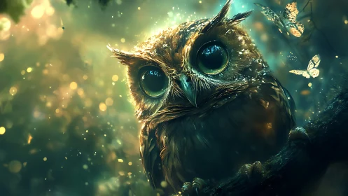 Enchanting Owl in Mystical Forest with Glowing Butterflies, Digital Art.