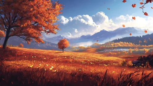 Autumn meadow blaze beneath roaming clouds and blue mountains.