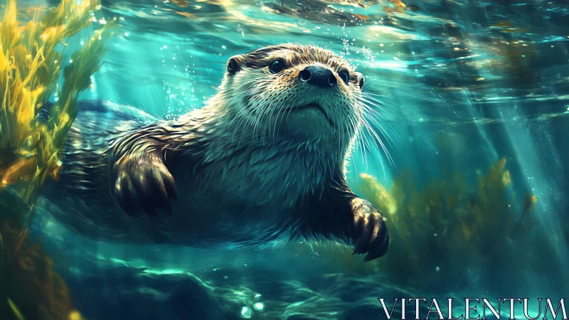 Otter glides through teal sunlit waters in playful grace.