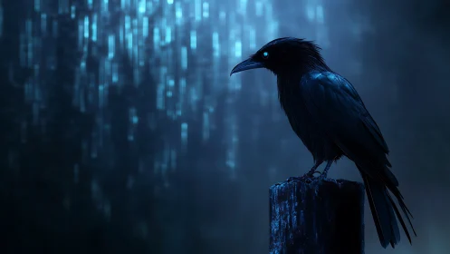 Nocturnal raven study on neon-soaked perch, digital painting.