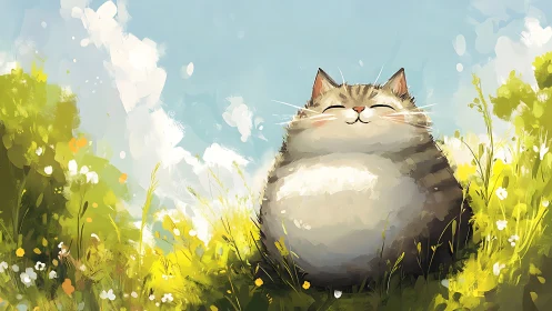 Chubby Cat in Wildflower Meadow Under Blue Sky