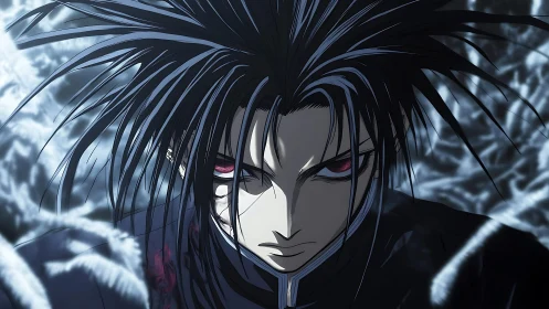 Dark haired anime male with red eyes in energy filled scene.