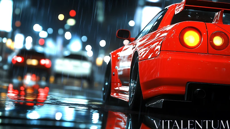 Red sports coupe on wet neon city street at night.