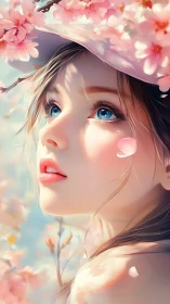 Pastel spring portrait of blue-eyed girl under blossoms.