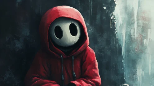 Quiet hooded wanderer in red against a moody city wall.