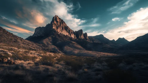Sunlit desert spires crown a brooding twilight valleyscape.