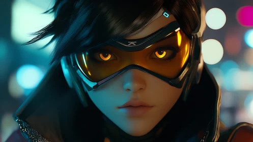 Neon-eyed cyber operative portrait in high-fidelity focus.