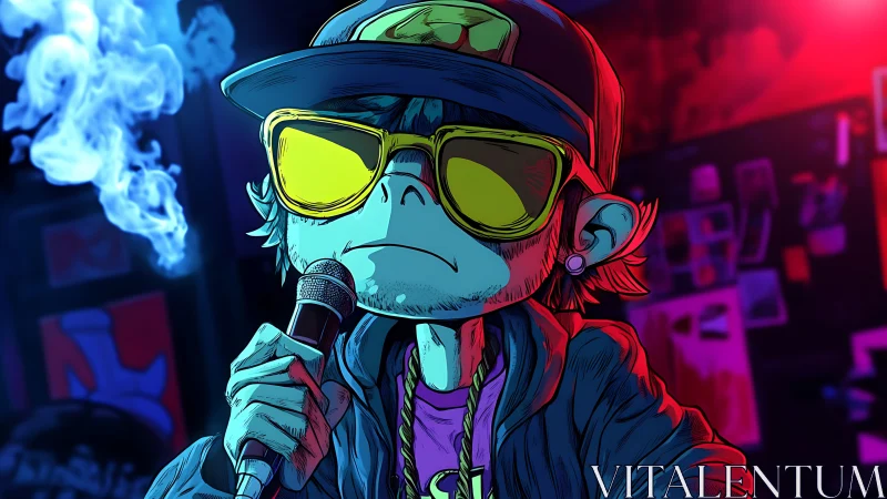 Cool neon rapper holds the mic under bold club lights