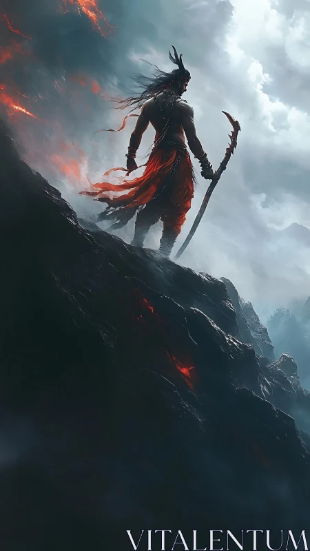 Stormlit warlord on a molten cliff of smoldering dusk.