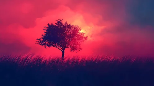 Solitary dusk tree drinking fire from a neon horizon.